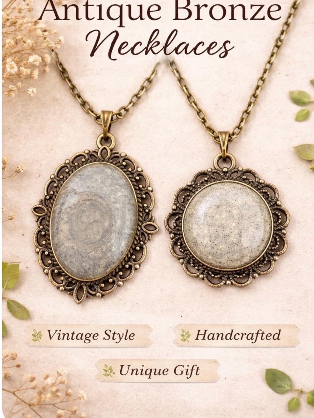 Handmade Antique Bronze Vintage-Style Oval & Round Pendant Necklace Set - Bronze